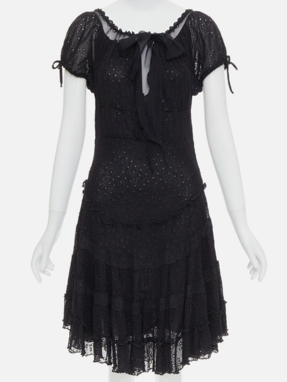 JEAN PAUL GAULTIER MAILLE FEMME Vintage black eyelet ruffle tie dress S Rare